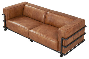 Sofá convertible de tres plazas de cuero genuino industrial con diseño minimalista, estructura metálica y ruedas para sala de estar - Product Image 3