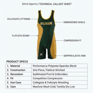 Traje de Lucha Sublimado Personalizado para Hombre - Traje de Spandex de Una Pieza Verde Dorado para Equipos Escolares - Product Image 5