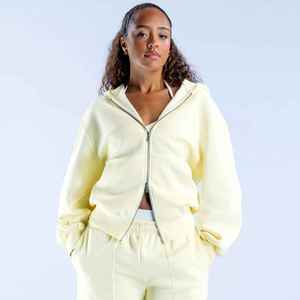 Sweat-shirt à capuche jaune clair pour femme, coupe régulière, en molleton, décontracté, en coton tricoté, couleur unie, avec poches - Product Image 2