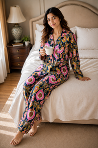 100% Cotton Women's Floral Printed V-neck Night <b>Suit</b> Set <b>Pajama</b> | Soft Breathable Lightweight Long Sleeve Sleepwear - Product Image 5