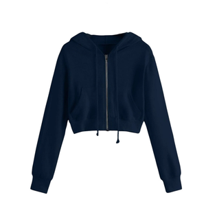 Women's Gray Cropped Hoodie Zip-Up Sweatshirt Long Sleeve Solid Color Breathable Knitted Hooded <b>Top</b> Autumn Wear - Product Image 5