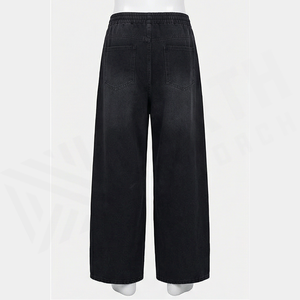 Pantalon en jean taille haute coupe large délavé foncé pour homme, en coton, décontracté, coupe ample, style automne, avec logo sur le devant et poches. - Product Image 3