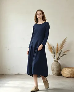 Robe midi élégante en coton et lin bleu marine, manches longues, col rond, style bohème, coupe ample, décontractée, à porter au quotidien - Product Image 1