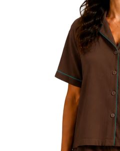 Customized Brown Women Pajama Set Short Sleeve Button <b>Down</b> Nightwear Soft Breathable Summer Sleepwear Casual Lounge Set - Product Image 3