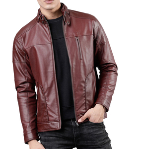 <b>Men's</b> Burgundy PU <b>Leather</b> <b>Jacket</b> Stand Collar Zipper Closure Slim Fit Regular Length <b>Leather</b> <b>Jacket</b> Available For Online Sale - Product Image 1