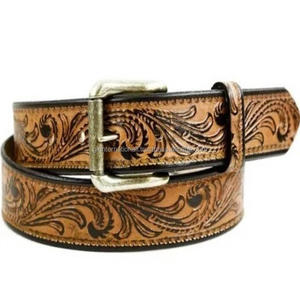 เข็มขัดหนังสไตล์ตะวันตกสำหรับผู้ชายและผู้หญิงพร้อมหัวเข็มขัดทองเหลืองแบบโบราณเครื่องมือสลักลายนูนลายดอกไม้ตามสั่ง - Product Image 4