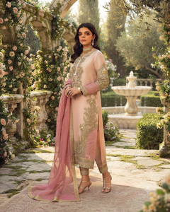 Élégante robe de mariée rose en soie Salwar Kameez avec broderie dorée, longueur ras du sol, coupe classique, style Inde Pakistan pour femme - Product Image 4