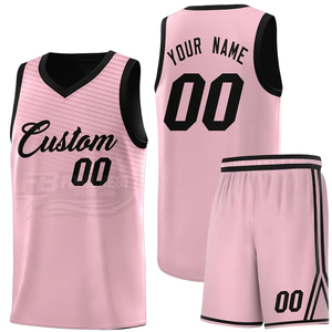 Ensemble de maillots de basket-ball rose écologiques personnalisés, col en V, 100% polyester, séchage rapide, unisexe, adulte, avec impression de numéro et de nom, logo sur le devant - Product Image 1