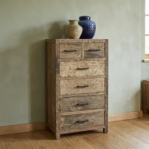 Commode à six tiroirs en bois rustique artisanal, finition antique, meuble de rangement pour chambre à coucher, décoration intérieure - Product Image 3