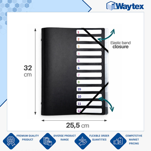 Trusted Exporter of Excellent Quality A4 12-Compartment Polypropylene Expanding <b>File</b> with Elastic Closure - Black 25x32 cm - Product Image 5