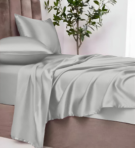 Ensemble de draps en satin argenté de luxe avec taies d'oreiller soyeuses, collection de literie élégante ultra douce pour la chambre à coucher - Product Image 5