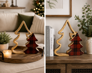 Décoration de table de Noël en bois, motif à carreaux écossais, sculpture décorative en bois de manguier naturel pour cheminée de Noël - Product Image 2