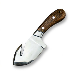 Cuchillo de hoja fija Gut Hook hecho a mano y personalizado, hoja de acero pulido a espejo, mango de madera, cuchillo utilitario corto para camping al aire libre, OEM - Product Image 1