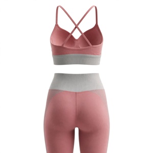 Women's Pink Yoga Set Racerback Sports Bra High Waist Full Length <b>Leggings</b> <b>Seamless</b> Spandex Nylon Breathable - Product Image 2