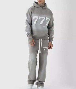 ชุดวอร์มมีฮู้ดพิมพ์ลาย 777 สีเทาสำหรับผู้ชาย เสื้อแขนยาวและกางเกงขายาว ชุดสตรีทแวร์ทรงหลวม ใส่สบายในฤดูใบไม้ร่วง ผลิตจากผ้าฝ้ายระบายอากาศได้ดี - Product Image 1
