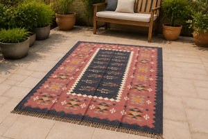 Tapis rectangulaire à motif géométrique Krafterscustom en laine et acrylique, kilim écologique, tufté à la main, tissage plat, poils moyens, latex - Product Image 4