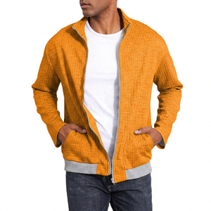 <b>Men's</b> Gray Fleece Zipper <b>Jacket</b> Stand Collar Casual <b>Long</b> Sleeve Breathable Knitted Polyester Cotton Autumn Wear - Product Image 4