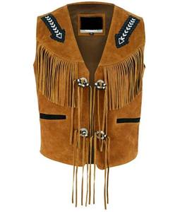 Gilet décontracté pour femme en cuir de vachette marron vintage, patchwork écologique, à franges, col en V, avec décorations à pampilles et perles cloutées - Product Image 1