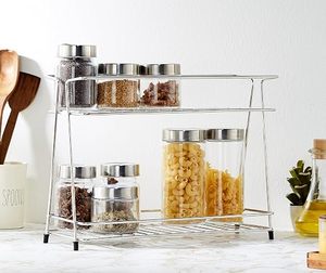 Estante de metal de dos niveles para especias con tarros de vidrio, diseño minimalista, tipo vertical, duradero, para cocina. - Product Image 1