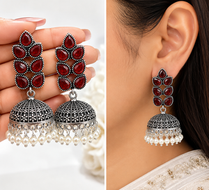 Pendientes Jhumka Bohemios de Latón Plateado con Ónix, Estilo Antiguo, Venta al por Mayor |   Pendientes de Perlas de Imitación Étnicas Indias Hechos a Mano para - Product Image 2
