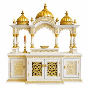 High Quality Teak Wooden Marble Look Mandir For Home Big Size White & Gold Temple with <b>Storage</b> Cabinets Pooja Room Sikh Mandir - Product Image 1