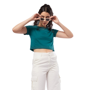 T-shirt court pour femme, couleur turquoise, manches courtes, col rond, couleur unie, coupe décontractée, poches, 100% coton, respirant, printemps été - Product Image 1