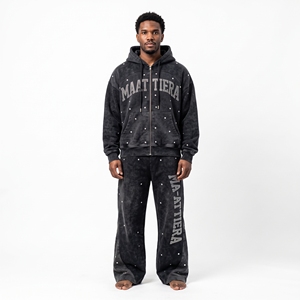 <b>Mens</b> <b>Black</b> Rhinestone <b>Hoodie</b> Tracksuit Set Zip Up Sweatshirt Wide Leg Pants Streetwear Casual Matching Outfit Style - Product Image 1
