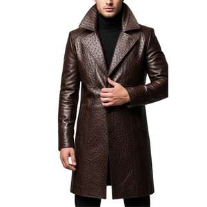 Manteau long en cuir d'autruche véritable marron, manteau long de qualité supérieure pour l'hiver, idéal pour les occasions professionnelles, formelles, décontractées ou de mode. - Product Image 4