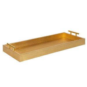 Best Quality Mango Wood Decorative <b>Tray</b> Cream Matte Finish Long Rectangular Wooden <b>Serving</b> <b>Tray</b> With <b>Gold</b> Handles - Product Image 3