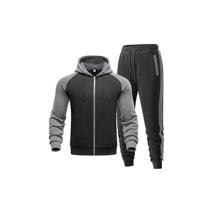 Ensemble de survêtement décontracté pour homme, noir et gris, à blocs de couleur, avec capuche, manches longues, fermeture éclair, pour l'automne - Product Image 4