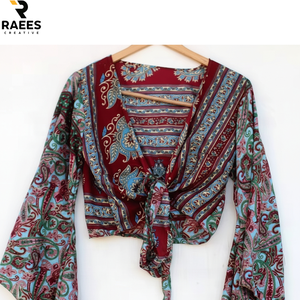 Top Corto de Seda de Alta Calidad con Mangas de Campana y Lazos, Traje de Danza del Vientre, Blusa Estilo Años 60 y 70, Ropa para Festivales - Product Image 5