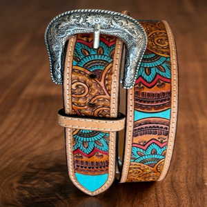 Vintage handmade <b>Leather</b> <b>Belt</b> Engraved Floral Pattern Western Style cowhide strap Embossed Artisan Casual Fashion Accessory - Product Image 3
