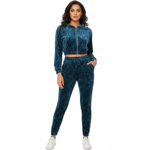 Ensemble de survêtement décontracté réversible en velours à capuche pour femme, collection Hiver 2026, 100 % coton respirant, coupe élastique, 2 pièces - Product Image 1