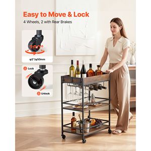 Chariot de bar industriel à 3 niveaux avec roulettes, station de service mobile, étagère à boissons pour la maison et la cuisine - Product Image 3