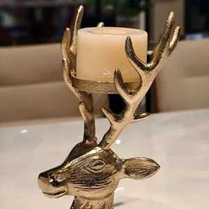 Porte-bougie tête de cerf dorée en bois, design Art Déco, écologique, fait main, forme géométrique, auto-adhésif, décoration intérieure - Product Image 1