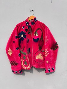 Handcrafted Pink Velvet <b>Jacket</b> for Women Premium Winter Wear Hand Embroidery Elegant Floral Motifs Front Zipper Closure - Product Image 3