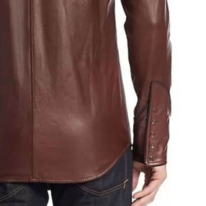 Men's Solid Brown PU Leather Long Sleeve Casual <b>Shirt</b> Turn-down Collar Full Length Autumn Wear - Product Image 3