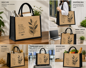 Natural Eco-Friendly Jute <b>Tote</b> <b>Bag</b> 12x16x6 Inches Cotton Padded Handle Be the <b>Change</b> Design - Product Image 6