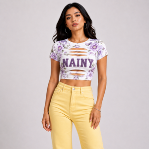 เสื้อยืดแฟชั่นผู้หญิงแบบเว้า ทรงครอป ใส่สบายๆ สำหรับฤดูร้อน ทรงเข้ารูป - Product Image 2