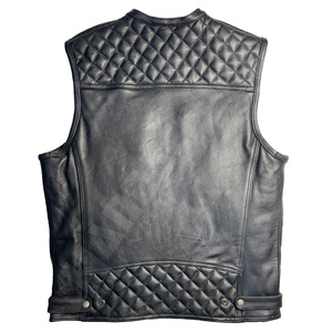Men's Black <b>Leather</b> Sleeveless Breathable <b>Biker</b> <b>Vest</b> with Zipper Pockets All Seasons Motorcycle Wear - Product Image 2
