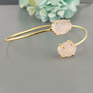 Natural rose quartz raw gemstone 18k gold plated <b>adjustable</b> cuff <b>bracelet</b> handcrafted open bangle brass metal statement jewelry - Product Image 4