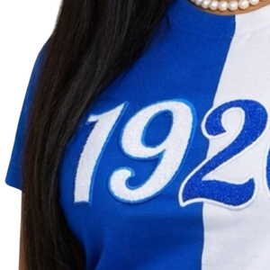 Zeta Phi Beta Half Blue <b>White</b> 1920 Chenille <b>Tee</b> Women Color Block Sorority Shirt Stylish Casual Soft Top - Product Image 5