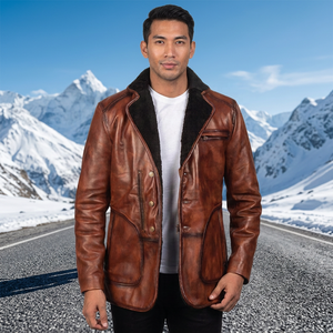 <b>Men's</b> Brown Genuine <b>Leather</b> <b>Jacket</b> With Faux Fur Lining Turn-down Collar Casual Winter Outerwear Regular Fit Single Breasted - Product Image 5
