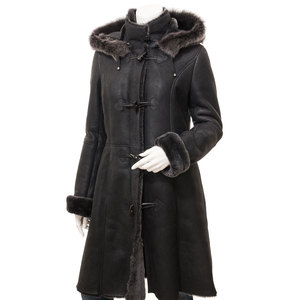 Women's Long Shearling <b>Leather</b> <b>Coat</b> Stand Collar Double Breasted Full Sleeve Windproof <b>Fur</b> Lining Winter Elegant Style - Product Image 5