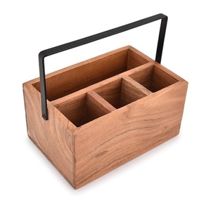Organisateur de table rectangulaire à 3 compartiments, porte-couverts en bois rustique avec poignées métalliques pour commande en gros - Product Image 5