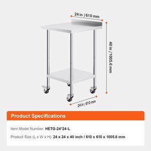 Tavolo da Lavoro Commerciale in Acciaio Inox 24x24x40 con Ruote e Design Rinforzato per Preparazione Alimenti - Product Image 4