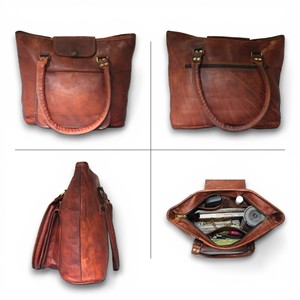 Artist's Creation Vintage Women Genuine Leather Tote <b>Bag</b> Lightweight Durable Shoulder Handbag Two Straps Zipper Closure 3L+ - Product Image 3