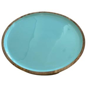 Assiette de service ovale en céramique, finition turquoise, design moderne, bord en bois, vaisselle et assiettes - Product Image 1