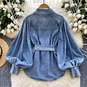 Camisa Casual de Mezclilla para Mujer, Estilo Vintage, Transpirable, de Secado Rápido, de Alta Calidad, con Cuello Alto, Manga Farol y Cintura Ajustada, para Verano - Product Image 2