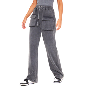 Pantalon de survêtement gris pour homme, coupe large, taille élastique avec cordon de serrage, poches latérales, décontracté, pour l'automne, 100 % coton, délavage sable, tricoté mi-lourd - Product Image 4